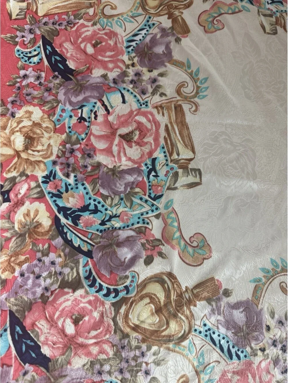 Ornate Perfume Bottle Flower Pattern Large Square Scarf Coral Cream 35x35